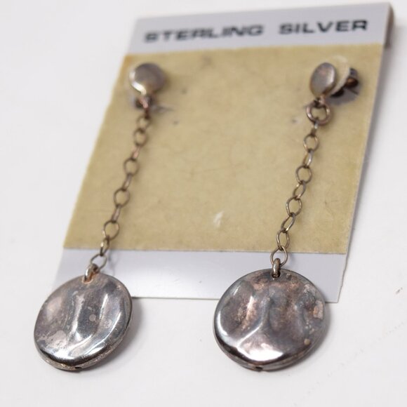 Sterling Silver Drop Earrings Pierced Round Boho Neutral Oval Dangle VTG Mom - Picture 8 of 13